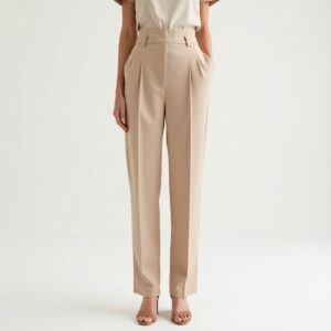 Pantalon Beige Plissé Taille Haute
