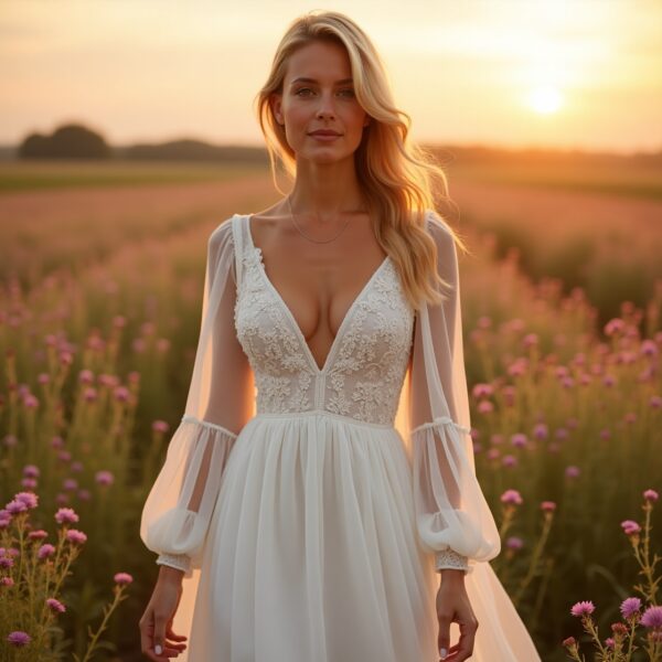 Robe Blanche Élégante avec Détail en Dentelle