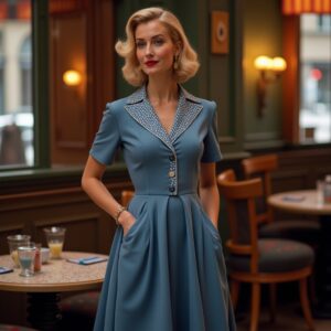 Robe Bleue à Pois Blancs et Col Contrasté