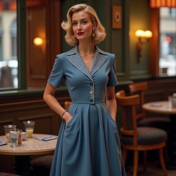 Robe Bleue à Pois Blancs et Col Contrasté
