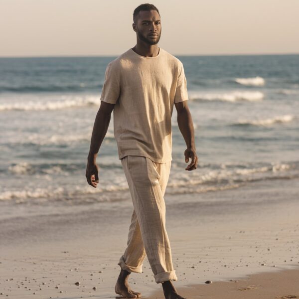 Pantalon Beige à Taille Élastique avec Cordon
